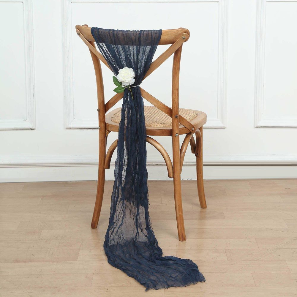 5 Pack Navy Blue Gauze Cheesecloth Boho Chair Sashes 16″ x 88″  |   Jute Burlap & Lace Chair Sashes Jute Burlap & Lace