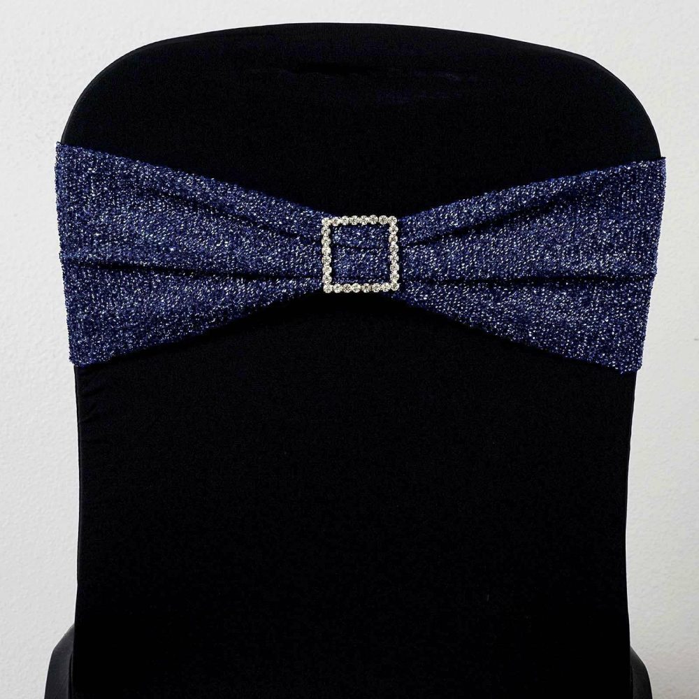 5 Pack Navy Blue Metallic Shimmer Tinsel Spandex Chair Sashes  |   Spandex Fitted Chair Sashes Navy blue