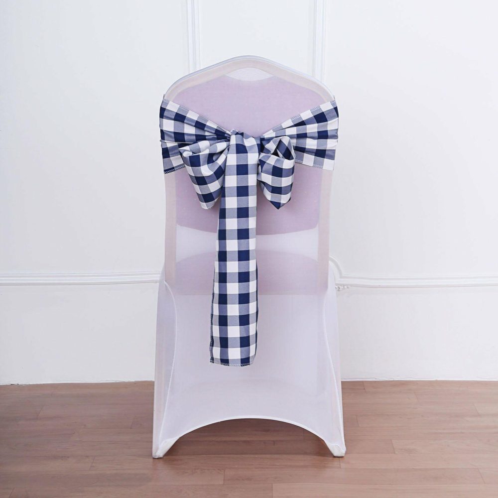 5 Pack Navy Blue / White Buffalo Plaid Checkered Chair Sashes 6″x108″  |   Polyester Chair Sashes Navy blue