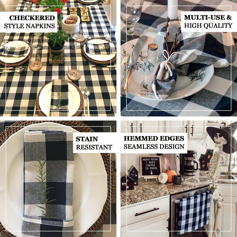 5 Pack Navy Blue/White Buffalo Plaid Cloth Dinner Napkins, Gingham Style 15″x15″  |   Polyester Cloth Napkins Navy blue