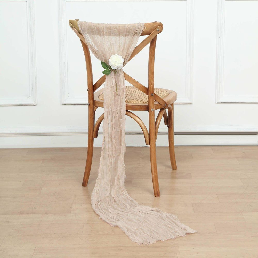 5 Pack Nude Beige Gauze Cheesecloth Boho Chair Sashes 16″ x 88″  |   Jute Burlap & Lace Chair Sashes Jute Burlap & Lace