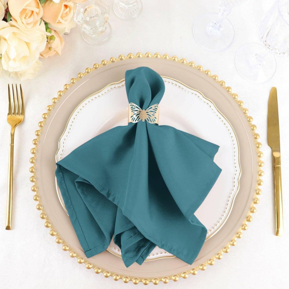 5 Pack Peacock Teal Seamless Cloth Dinner Napkins, Wrinkle Resistant Linen 17″x17″  |   Polyester Cloth Napkins Peacock Teal