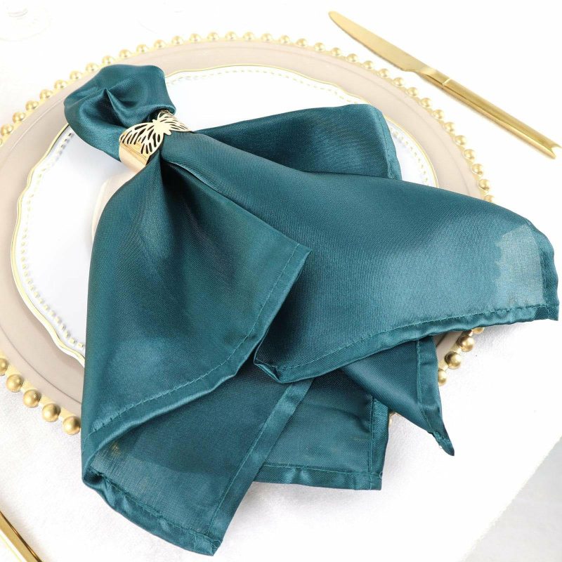 5 Pack Peacock Teal Seamless Satin Cloth Dinner Napkins, Wrinkle Resistant 20″x20″  |   Satin & Taffeta Cloth Napkins Peacock Teal