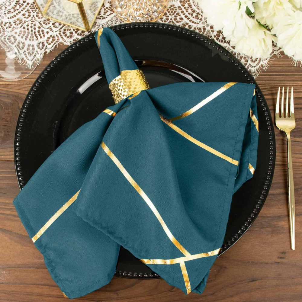 5 Pack Peacock Teal With Geometric Gold Foil Cloth Polyester Dinner Napkins 20″x20″  |   Polyester Cloth Napkins Peacock Teal