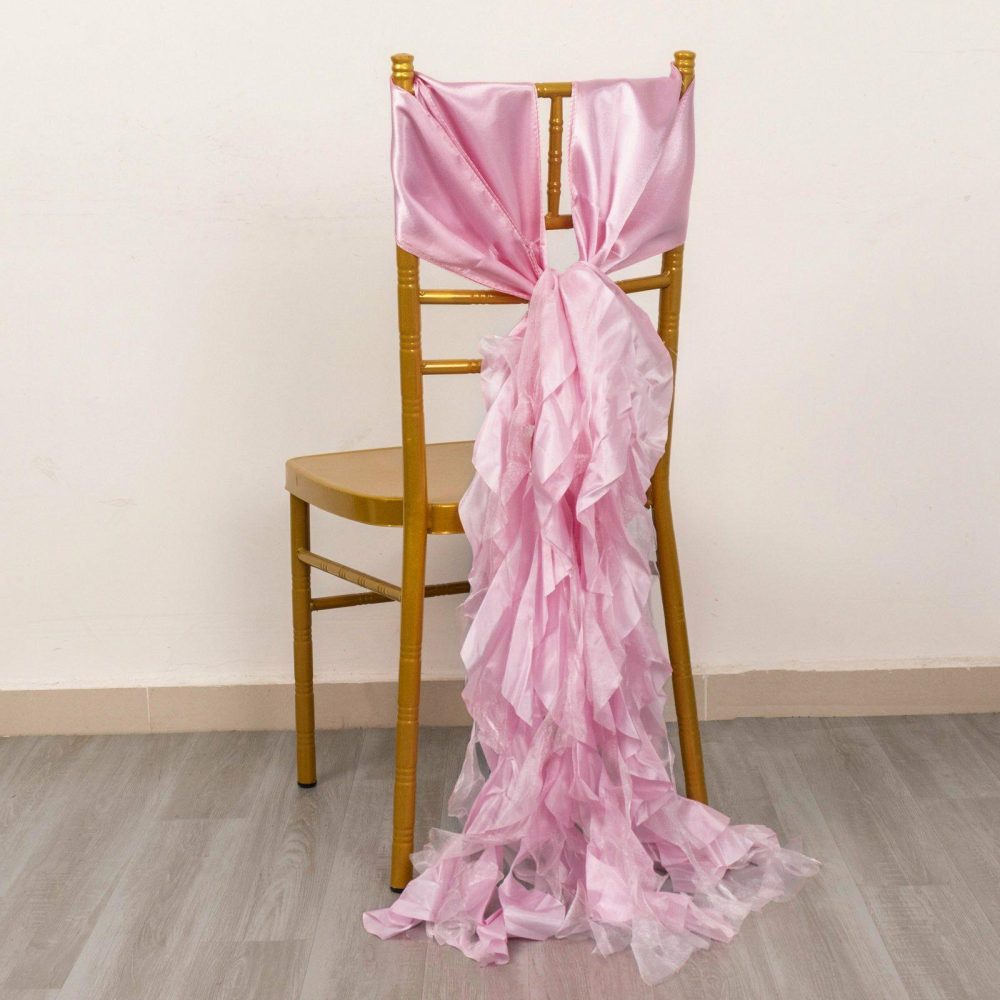 5 Pack Pink Curly Willow Chiffon Satin Chair Sashes  |   Satin & Taffeta Chair Sashes Pink