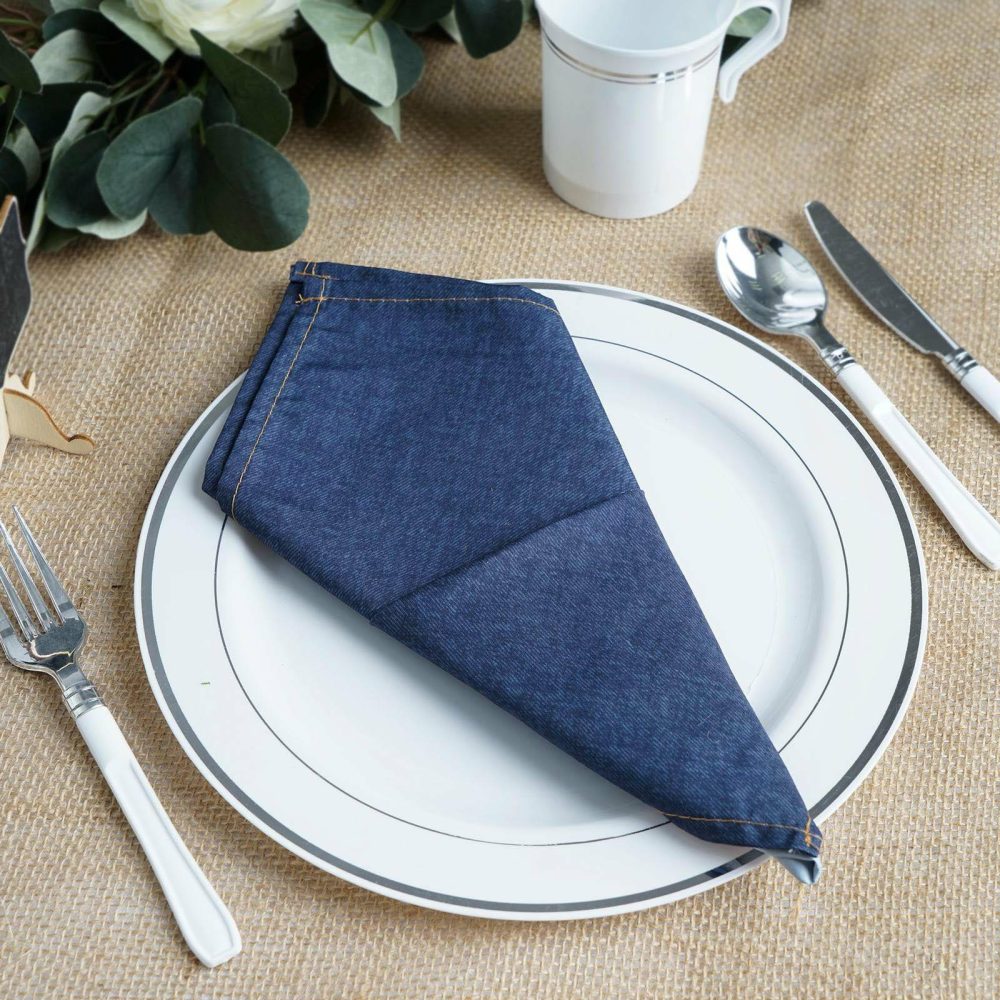 5 Pack Premium Faux Denim Cloth Dinner Napkins, Reusable Linen 17″x17″  |   Polyester Cloth Napkins Navy blue