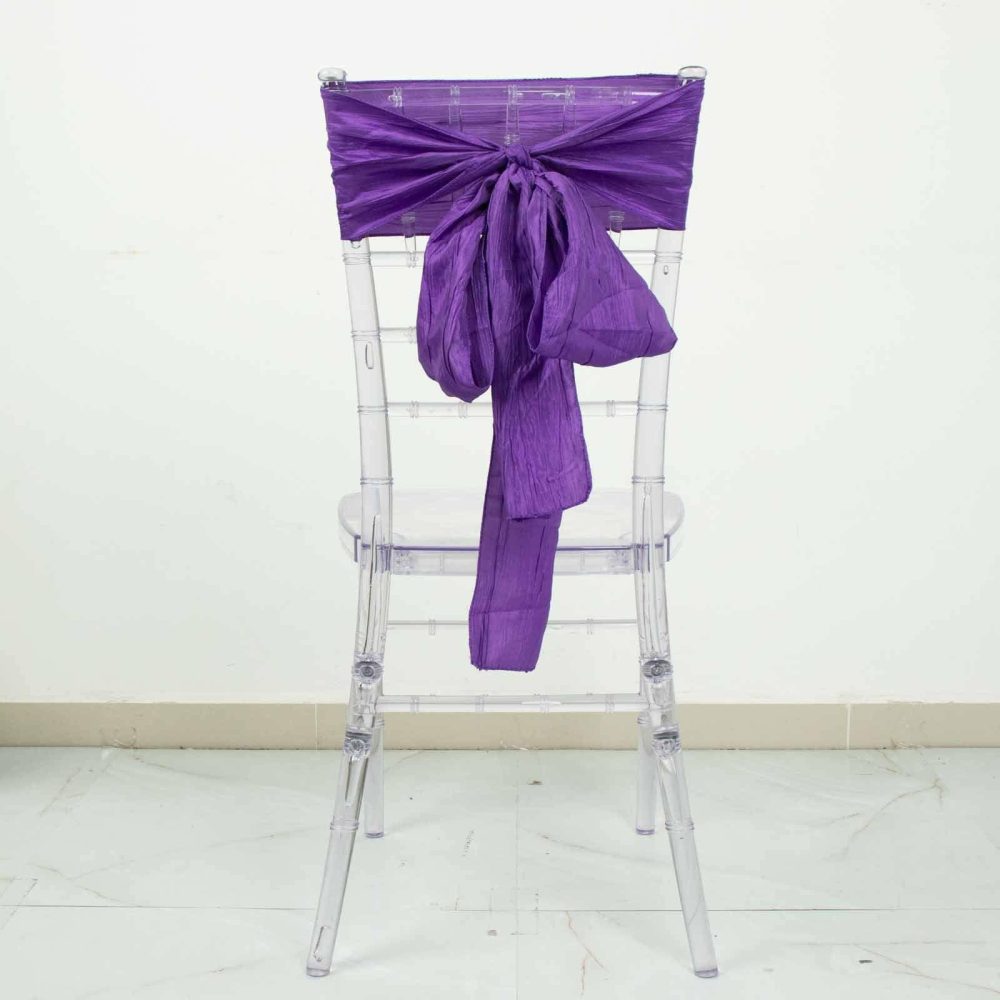 5 Pack Purple Accordion Crinkle Taffeta Chair Sashes 6″x106″  |   Satin & Taffeta Chair Sashes Purple