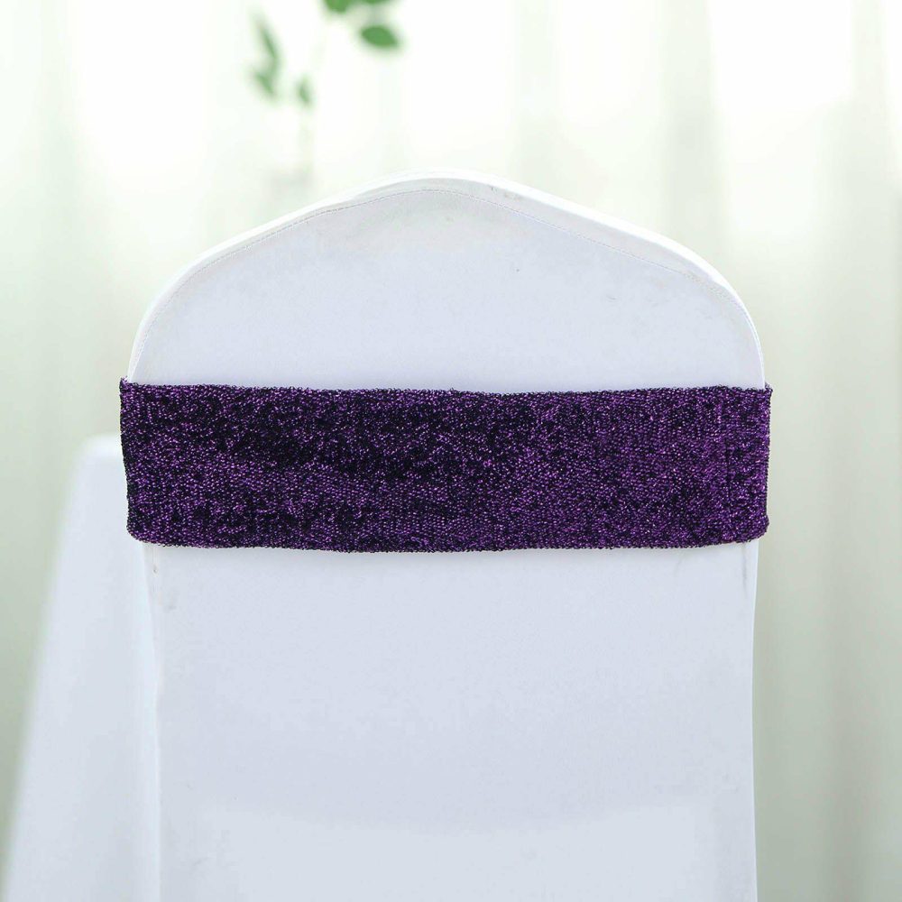 5 Pack Purple Metallic Shimmer Tinsel Spandex Chair Sashes  |   Spandex Fitted Chair Sashes Purple