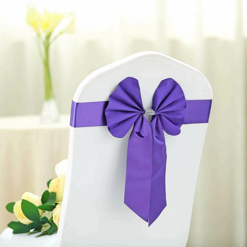 5 Pack Purple Reversible Chair Sashes with Buckles, Double Sided Pre-tied Bow Tie Chair Bands Satin and Faux Leather  |   Satin & Taffeta Chair Sashes Purple