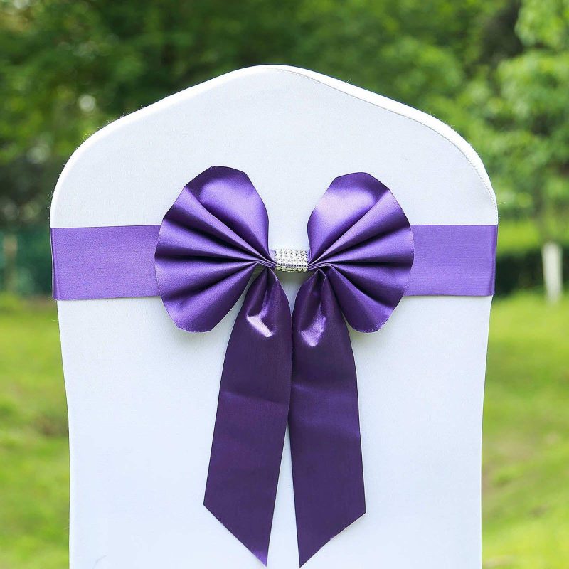 5 Pack Purple Reversible Chair Sashes with Buckles, Double Sided Pre-tied Bow Tie Chair Bands Satin and Faux Leather  |   Satin & Taffeta Chair Sashes Purple