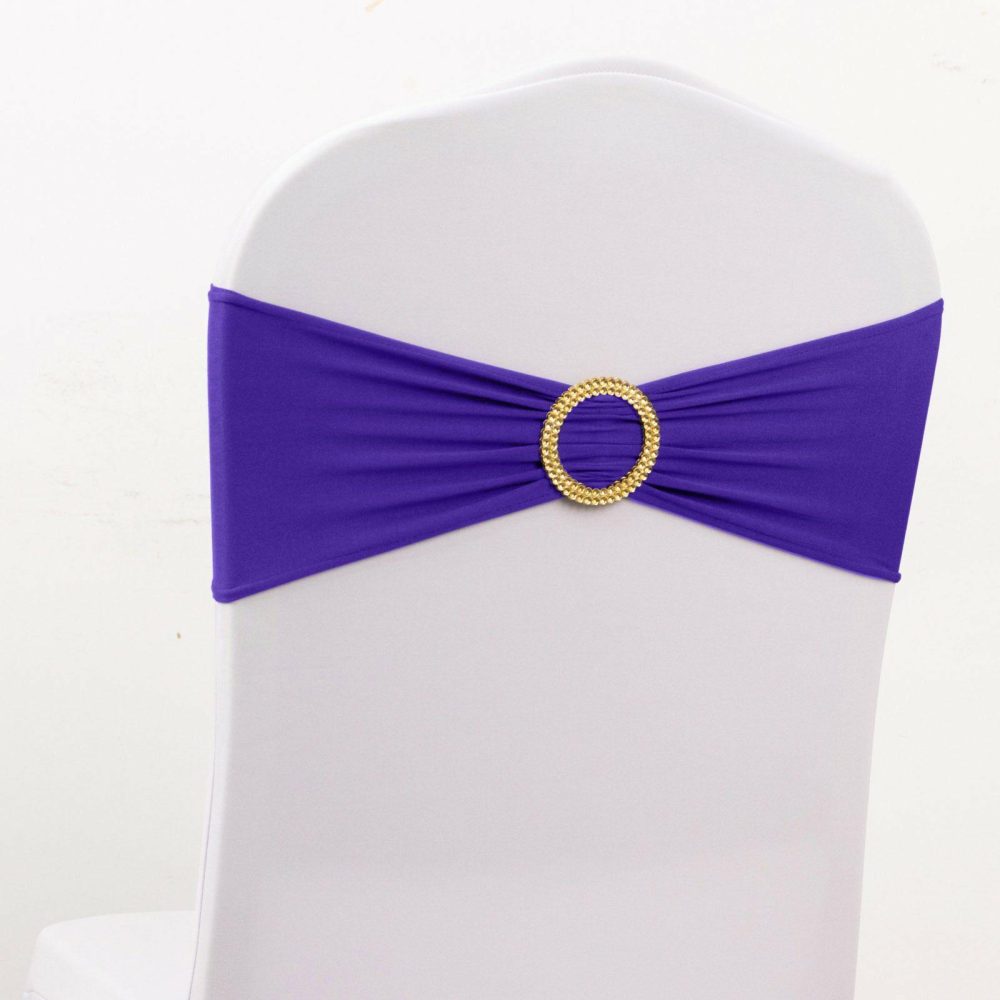 5 Pack Purple Spandex Chair Sashes with Gold Rhinestone Buckles, Elegant Stretch Chair Bands and Slide On Brooch Set 5″x14″  |   Spandex Fitted Chair Sashes Purple