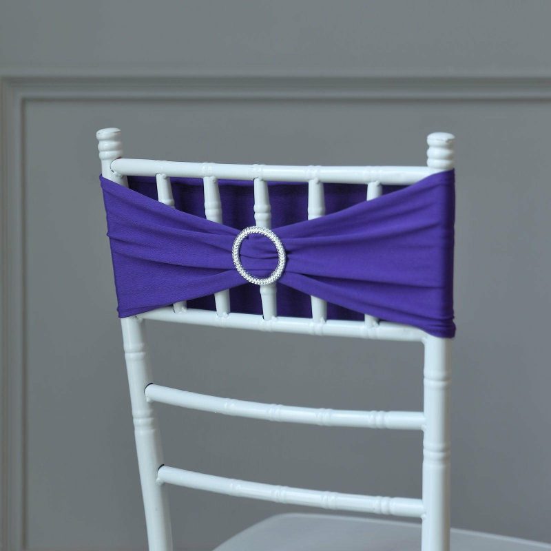 5 Pack Purple Spandex Stretch Chair Sashes with Silver Diamond Ring Slide Buckle 5″x14″  |   Spandex Fitted Chair Sashes Purple