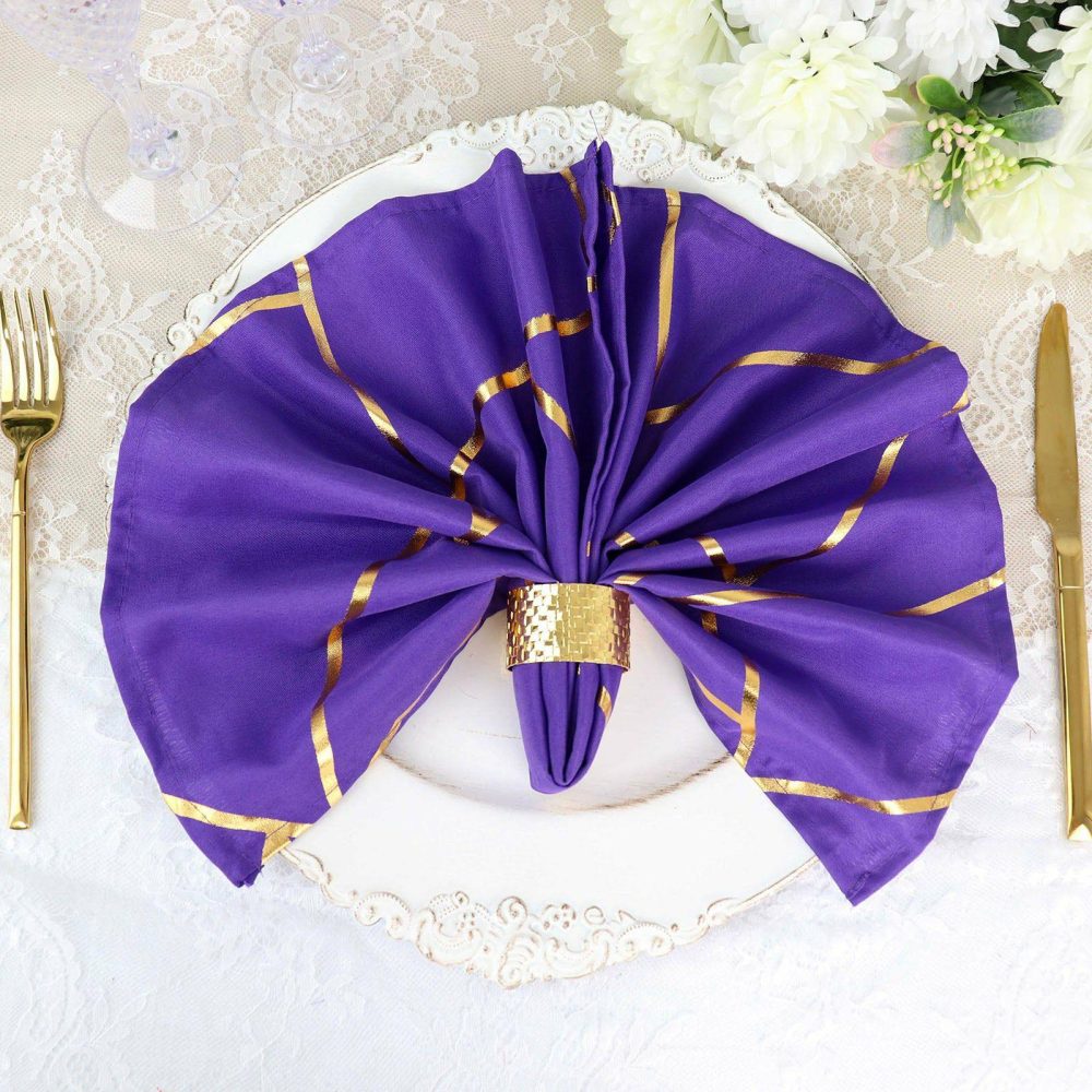 5 Pack Purple With Geometric Gold Foil Cloth Polyester Dinner Napkins 20″x20″  |   Polyester Cloth Napkins Polyester