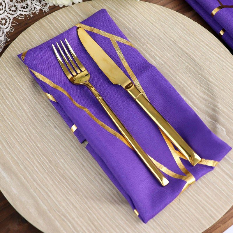 5 Pack Purple With Geometric Gold Foil Cloth Polyester Dinner Napkins 20″x20″  |   Polyester Cloth Napkins Polyester