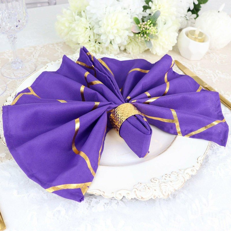 5 Pack Purple With Geometric Gold Foil Cloth Polyester Dinner Napkins 20″x20″  |   Polyester Cloth Napkins Polyester