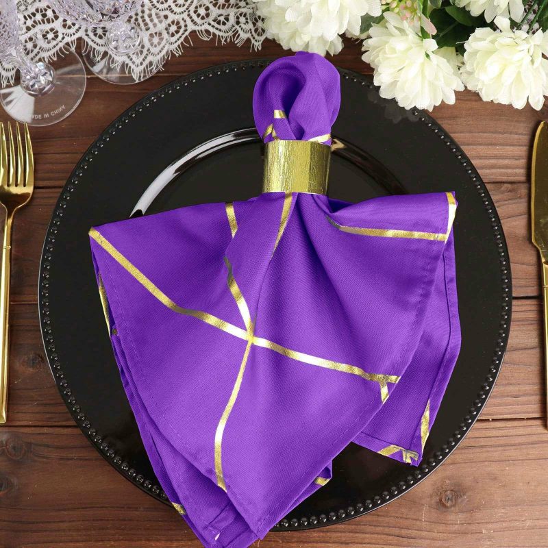 5 Pack Purple With Geometric Gold Foil Cloth Polyester Dinner Napkins 20″x20″  |   Polyester Cloth Napkins Polyester