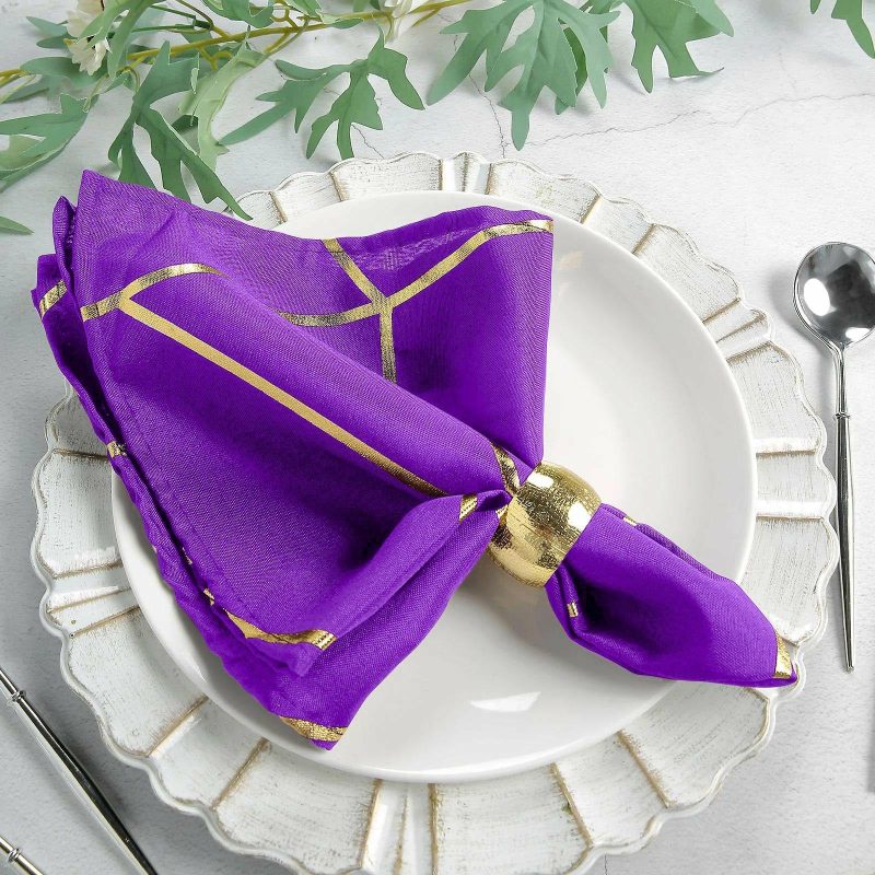 5 Pack Purple With Geometric Gold Foil Cloth Polyester Dinner Napkins 20″x20″  |   Polyester Cloth Napkins Polyester