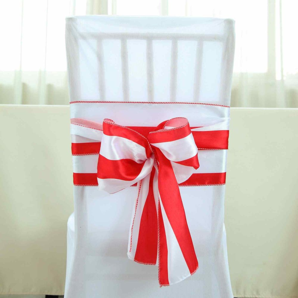 5 Pack Red and White Stripe Satin Chair Sashes 6″x108″  |   Satin & Taffeta Chair Sashes Red