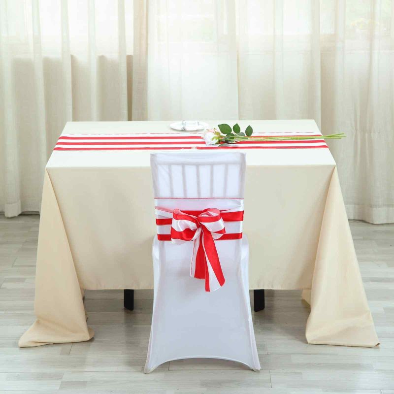 5 Pack Red and White Stripe Satin Chair Sashes 6″x108″  |   Satin & Taffeta Chair Sashes Red