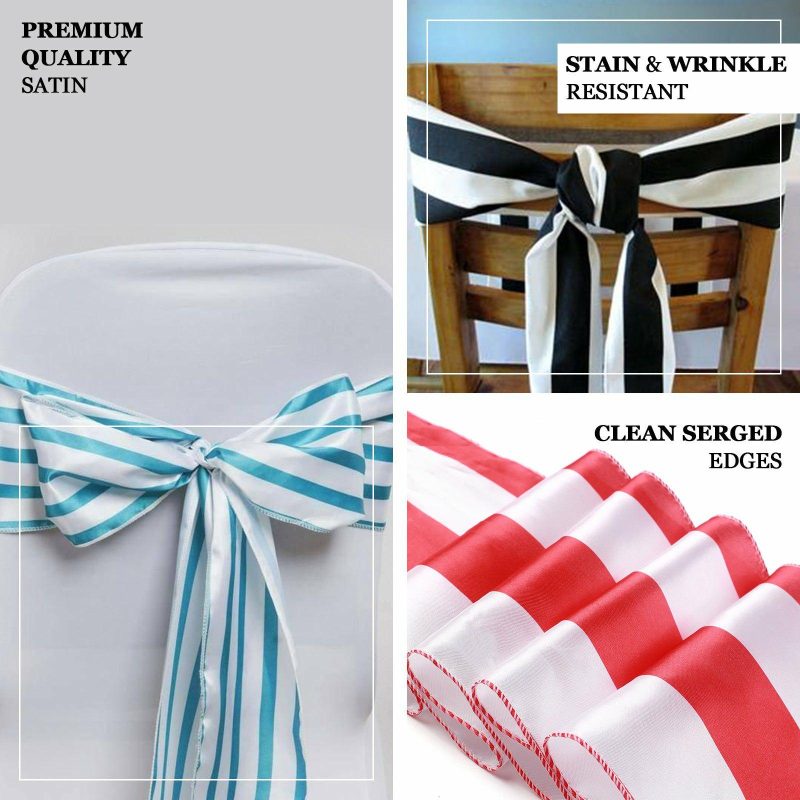 5 Pack Red and White Stripe Satin Chair Sashes 6″x108″  |   Satin & Taffeta Chair Sashes Red