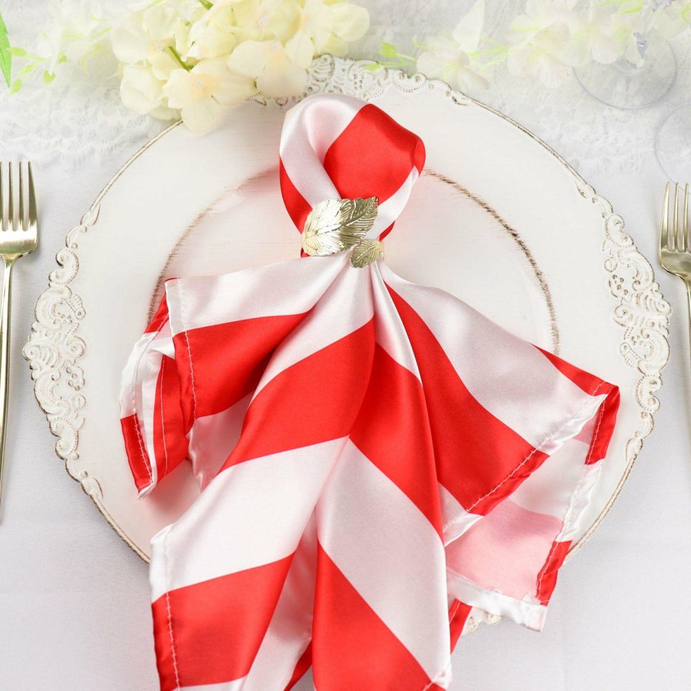 5 Pack Red and White Striped Satin Cloth Dinner Napkins 20″x20″  |   Satin & Taffeta Cloth Napkins Red