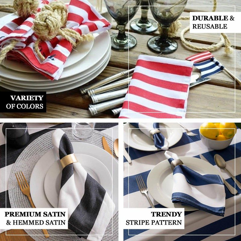 5 Pack Red and White Striped Satin Cloth Dinner Napkins 20″x20″  |   Satin & Taffeta Cloth Napkins Red