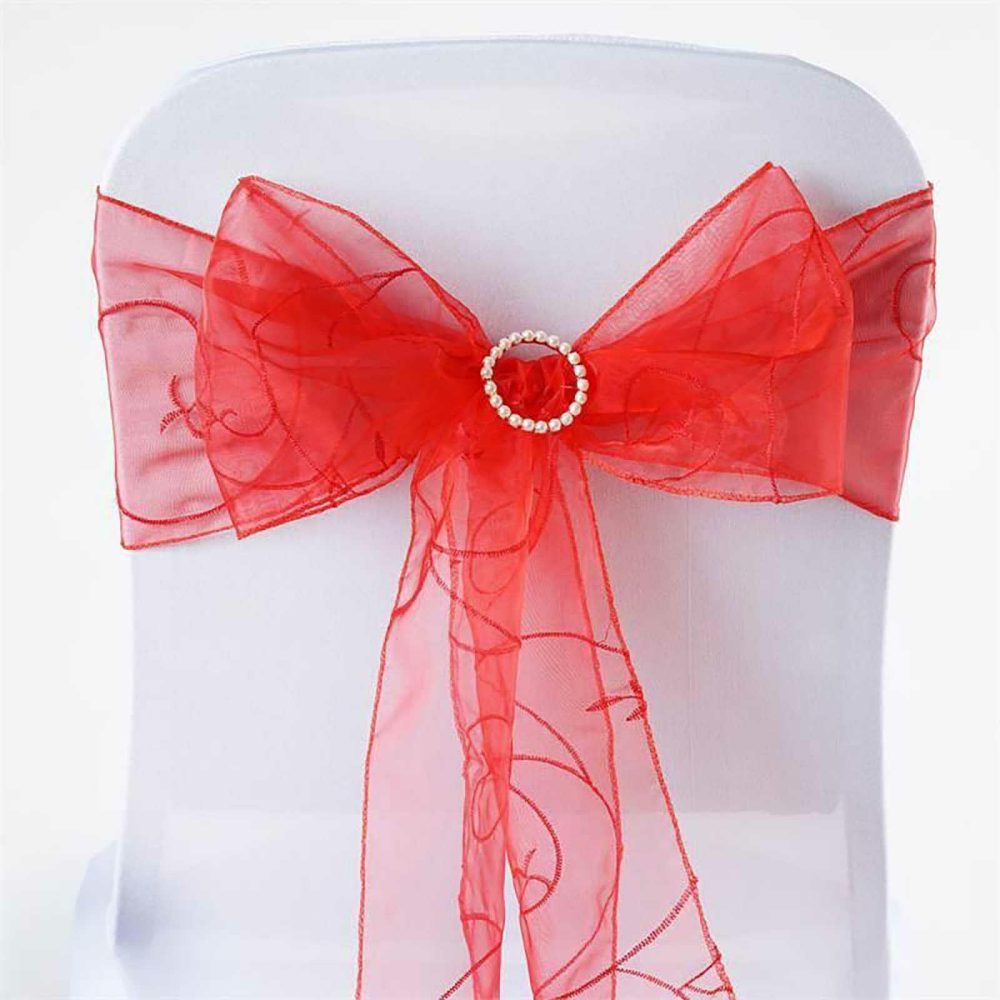 5 Pack Red Embroidered Organza Chair Sashes 7″x108″  |   Organza & Chiffon Chair Sashes Organza & Chiffon