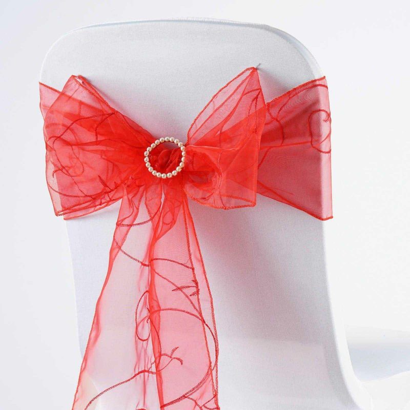 5 Pack Red Embroidered Organza Chair Sashes 7″x108″  |   Organza & Chiffon Chair Sashes Organza & Chiffon