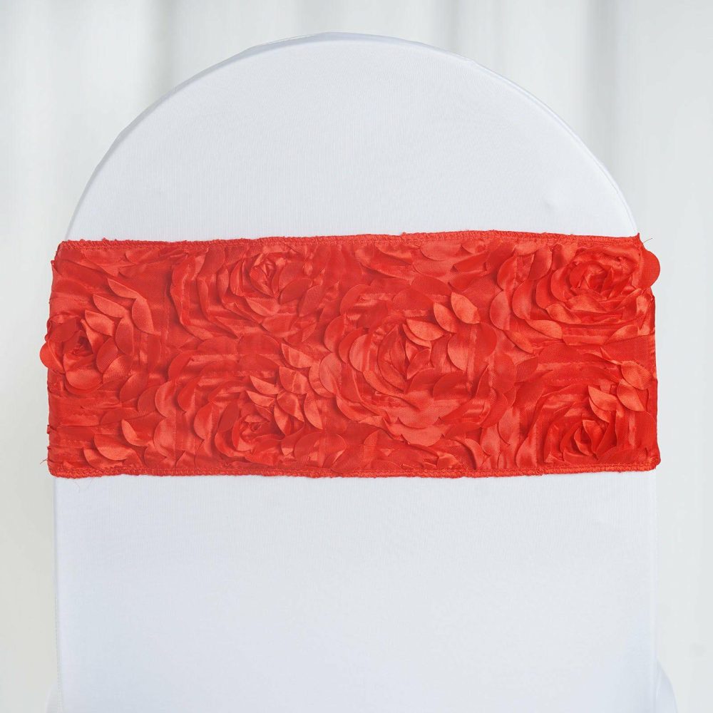 5 Pack Red Satin Rosette Spandex Stretch Chair Sashes Bands 6″x14″  |   Spandex Fitted Chair Sashes Red