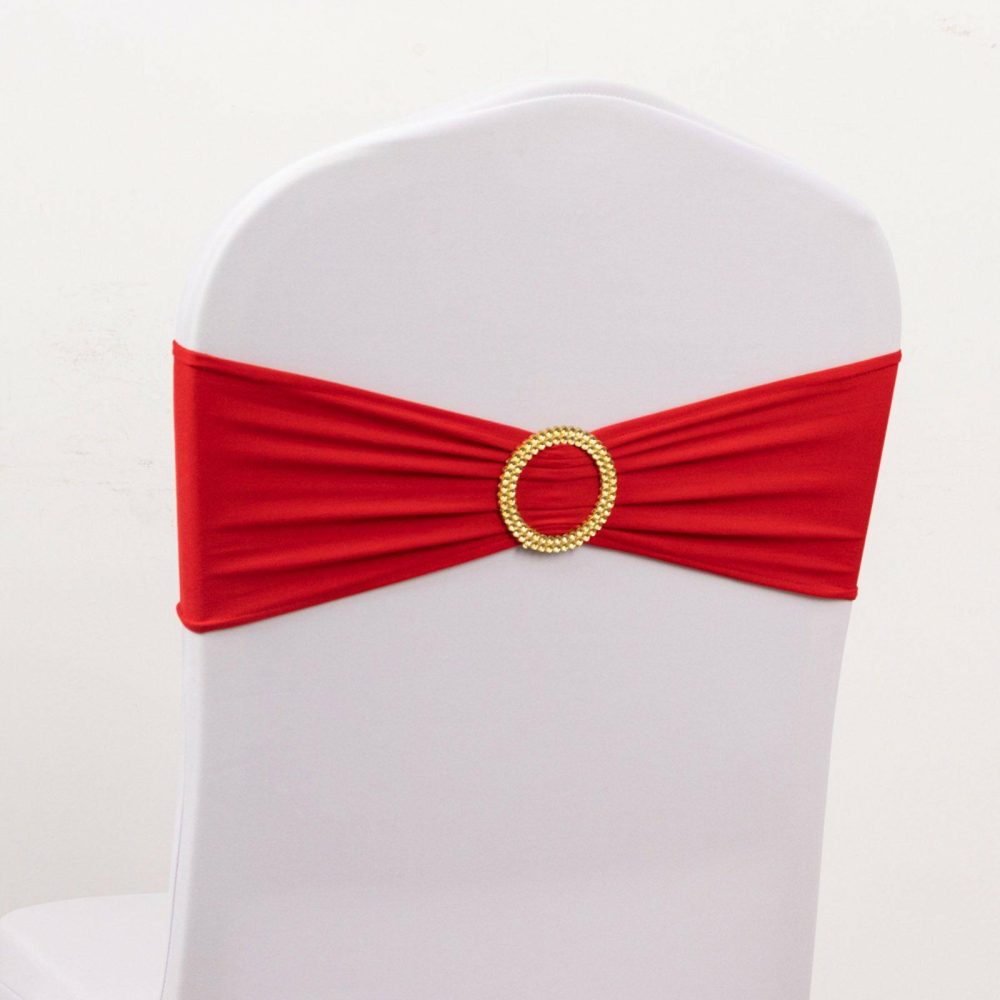 5 Pack Red Spandex Chair Sashes with Gold Rhinestone Buckles, Elegant Stretch Chair Bands and Slide On Brooch Set 5″x14″  |   Spandex Fitted Chair Sashes Red