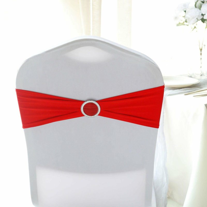 5 Pack Red Spandex Stretch Chair Sashes with Silver Diamond Ring Slide Buckle 5″x14″  |   Spandex Fitted Chair Sashes Red