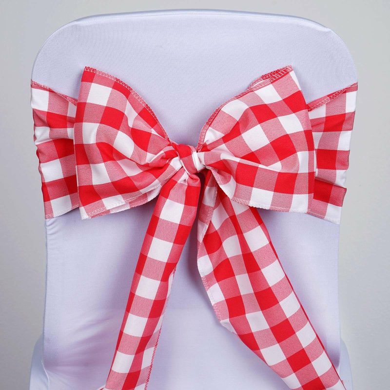 5 Pack Red / White Buffalo Plaid Checkered Chair Sashes 6″x108″  |   Polyester Chair Sashes Polyester