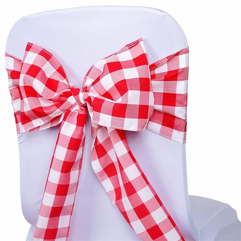 5 Pack Red / White Buffalo Plaid Checkered Chair Sashes 6″x108″  |   Polyester Chair Sashes Polyester