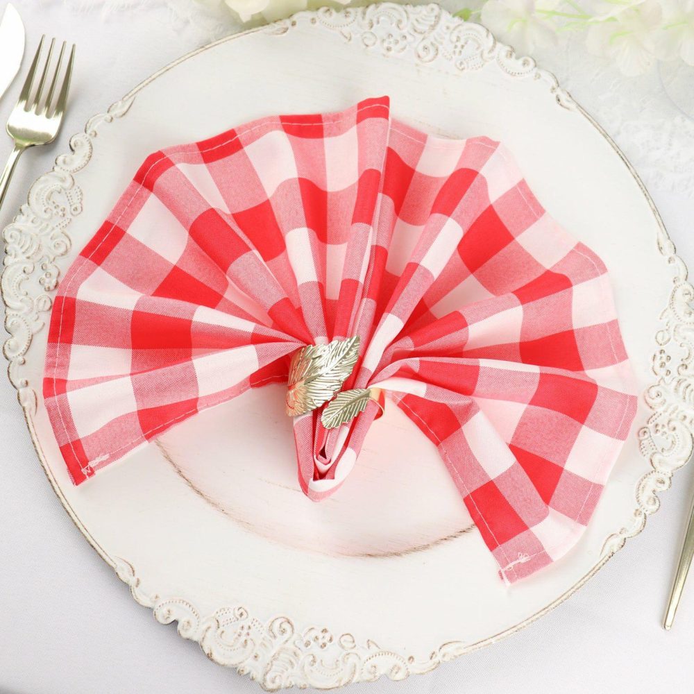 5 Pack Red/White Buffalo Plaid Cloth Dinner Napkins, Gingham Style 15″x15″  |   Polyester Cloth Napkins Polyester