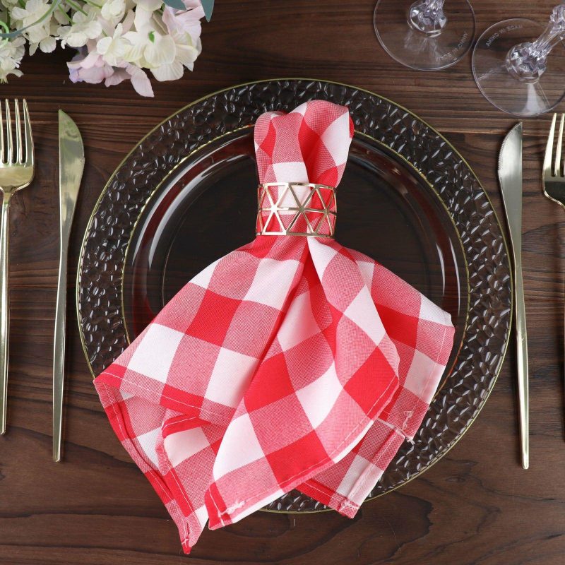 5 Pack Red/White Buffalo Plaid Cloth Dinner Napkins, Gingham Style 15″x15″  |   Polyester Cloth Napkins Polyester