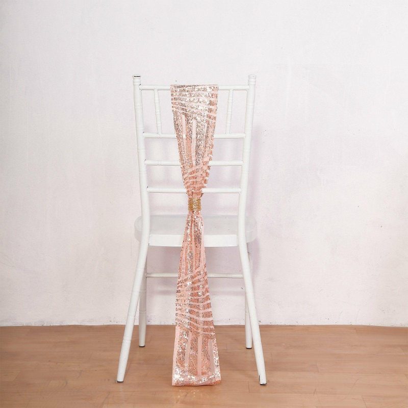 5 Pack Rose Gold Geometric Diamond Glitz Sequin Chair Sashes 6″x 88″  |   Glittering Sequin Chair Sashes Glittering Sequin