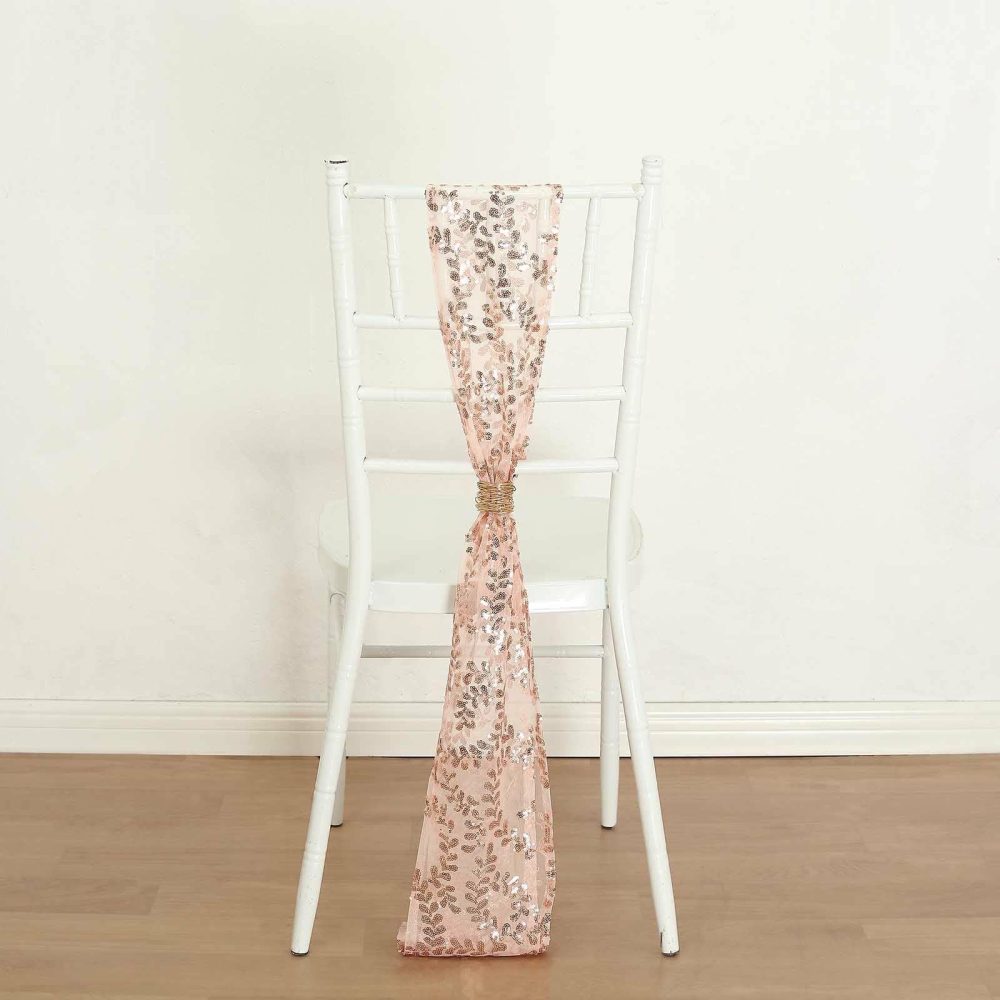 5 Pack Rose Gold Leaf Vine Embroidered Sequin Tulle Chair Sashes – 6″x88″  |   Glittering Sequin Chair Sashes Glittering Sequin