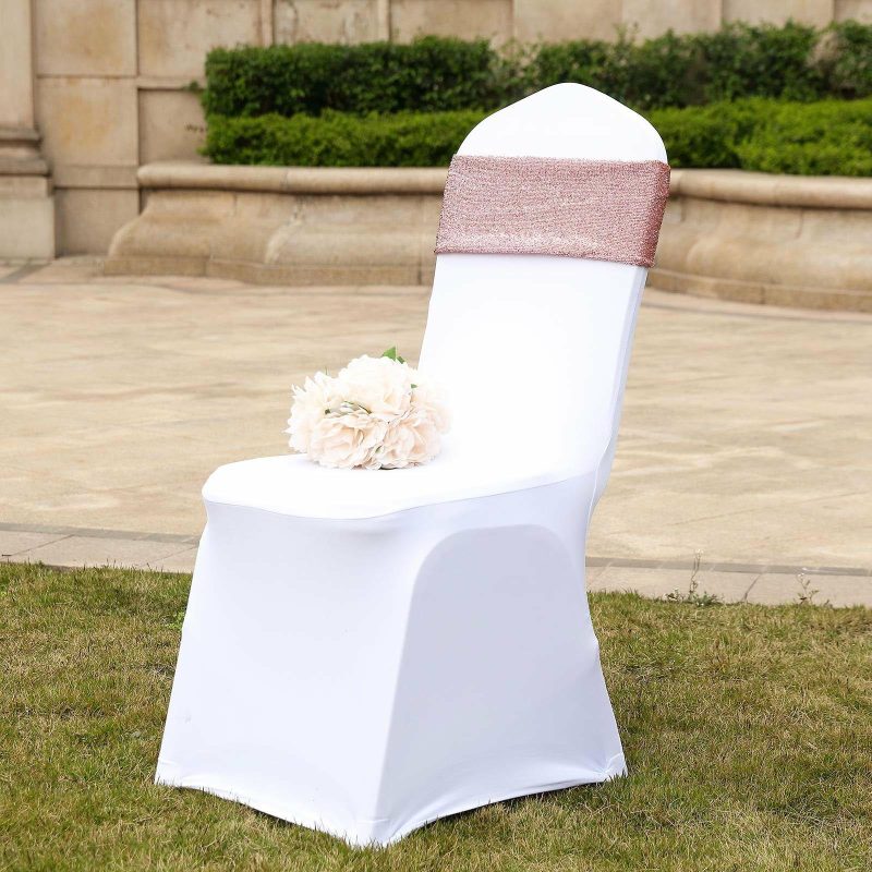 5 Pack Rose Gold Metallic Shimmer Tinsel Spandex Chair Sashes  |   Spandex Fitted Chair Sashes Rose gold