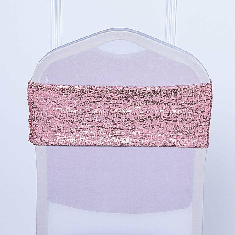 5 Pack Rose Gold Sequin Spandex Chair Sashes Bands 6″x15″  |   Spandex Fitted Chair Sashes Rose gold