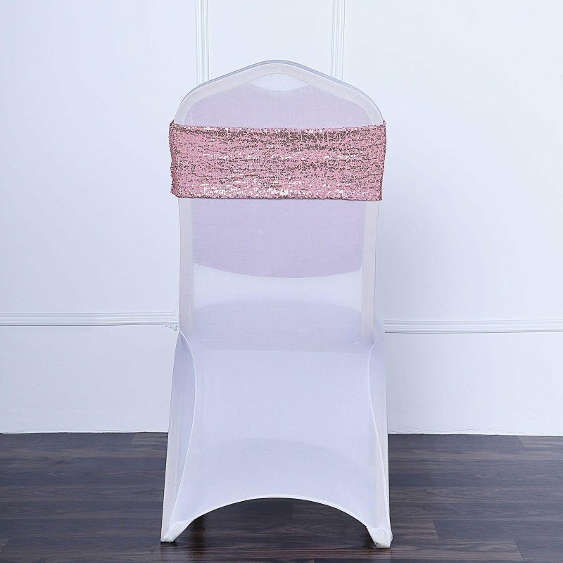 5 Pack Rose Gold Sequin Spandex Chair Sashes Bands 6″x15″  |   Spandex Fitted Chair Sashes Rose gold