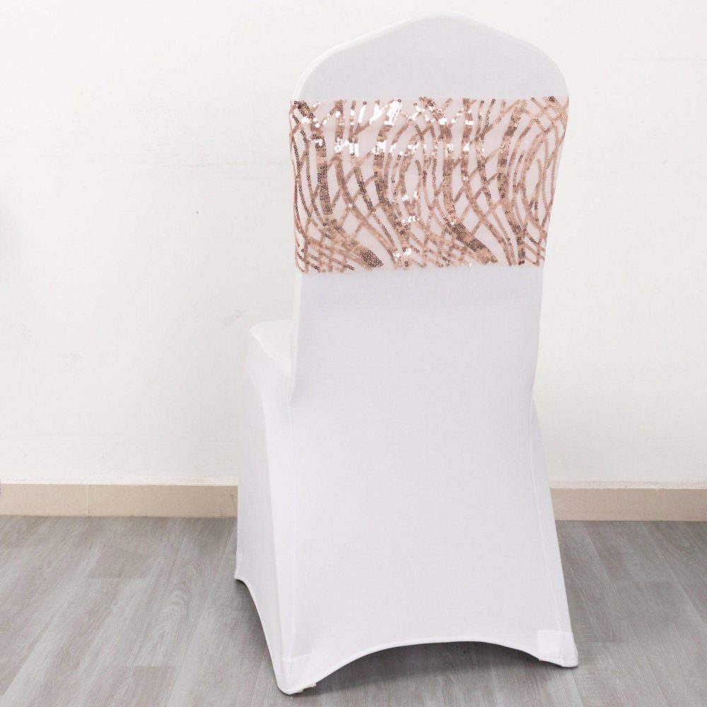 5 Pack Rose Gold Wave Chair Sash Bands With Embroidered Sequins  |   Glittering Sequin Chair Sashes Glittering Sequin