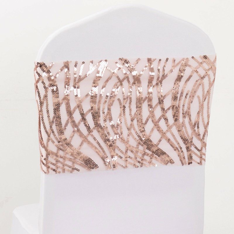 5 Pack Rose Gold Wave Chair Sash Bands With Embroidered Sequins  |   Glittering Sequin Chair Sashes Glittering Sequin