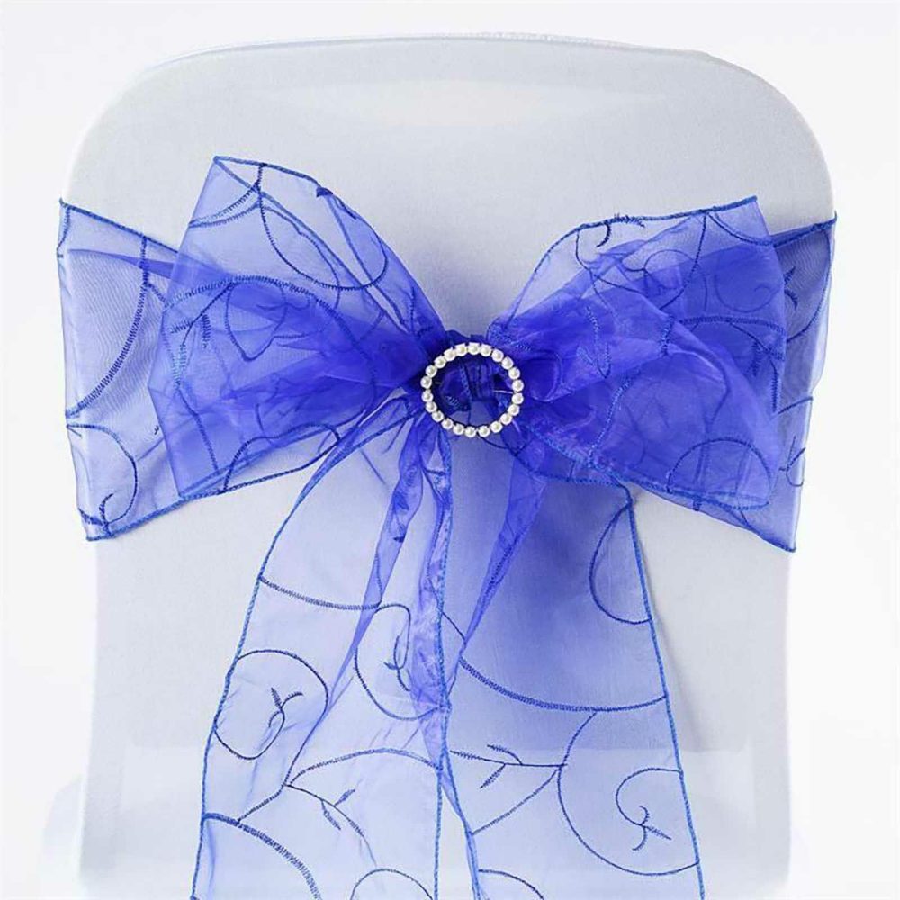 5 Pack Royal Blue Embroidered Organza Chair Sashes 7″x108″  |   Organza & Chiffon Chair Sashes Organza & Chiffon