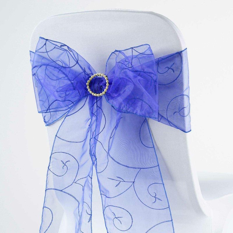 5 Pack Royal Blue Embroidered Organza Chair Sashes 7″x108″  |   Organza & Chiffon Chair Sashes Organza & Chiffon