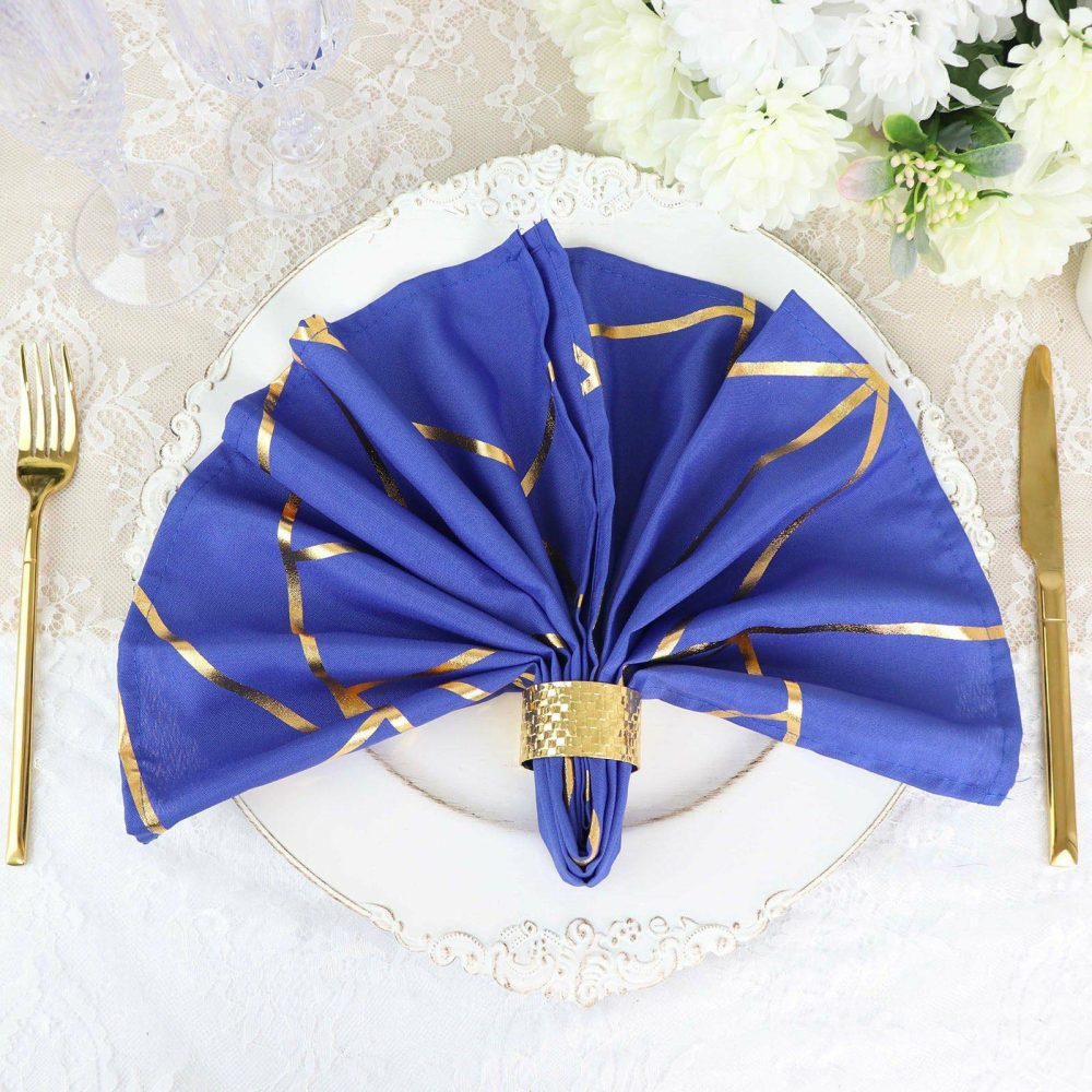 5 Pack Royal Blue With Geometric Gold Foil Cloth Polyester Dinner Napkins 20″x20″  |   Polyester Cloth Napkins Polyester