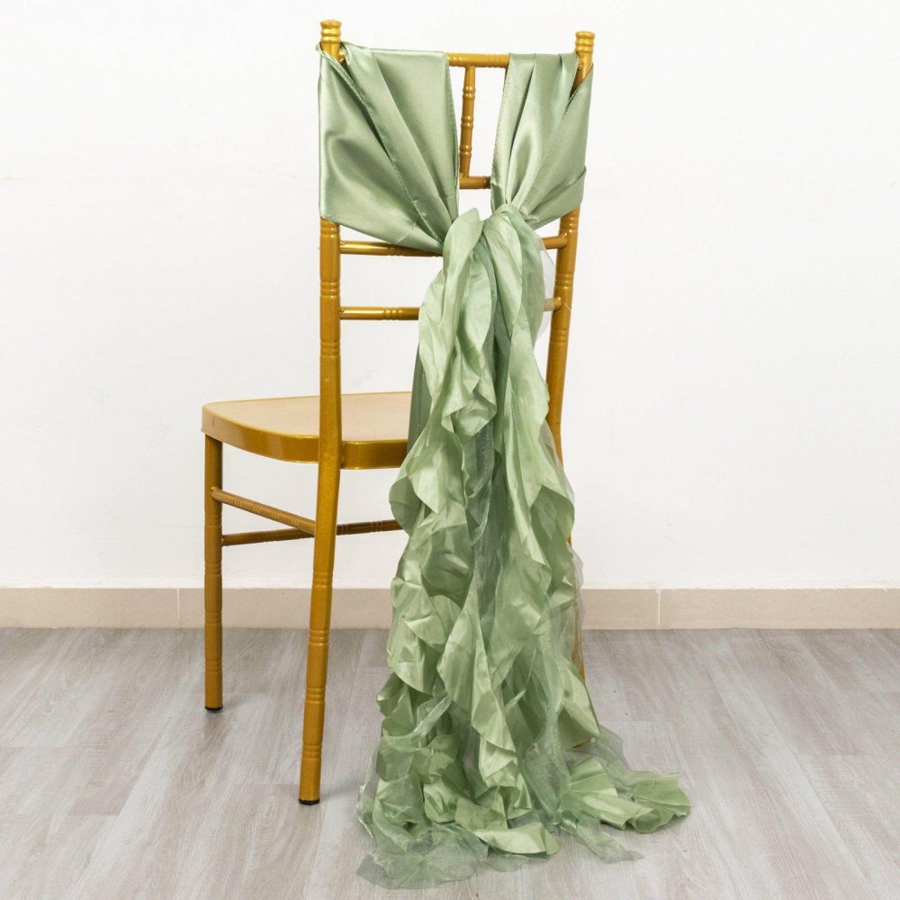 5 Pack Sage Green Curly Willow Chiffon Satin Chair Sashes  |   Satin & Taffeta Chair Sashes Sage green