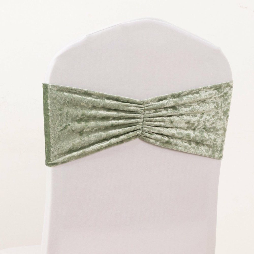 5 Pack Sage Green Premium Crushed Velvet Ruffle Chair Sashes, Decorative Wedding Chair Bands  |   Velvet & Flocking Chair Sashes Sage green