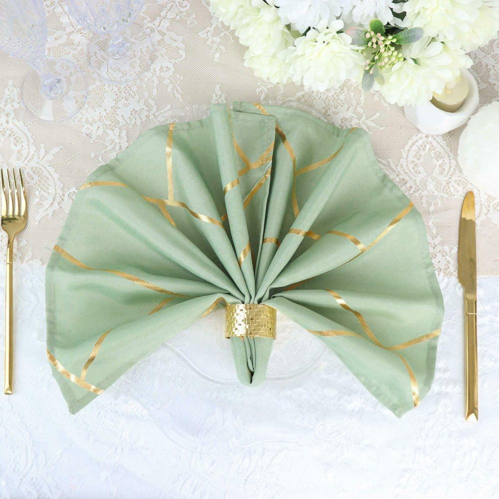 5 Pack Sage Green With Geometric Gold Foil Cloth Polyester Dinner Napkins 20″x20″  |   Polyester Cloth Napkins Polyester