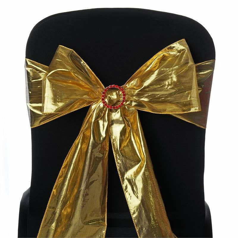 5 Pack Shiny Metallic Foil Gold Lame Fabric Chair Sashes 6″x108″  |   Polyester Chair Sashes Gold