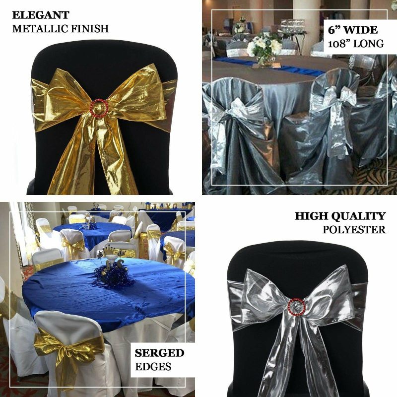 5 Pack Shiny Metallic Foil Gold Lame Fabric Chair Sashes 6″x108″  |   Polyester Chair Sashes Gold